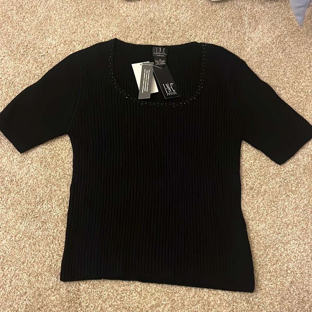 INC cashmere short sleeved jewel neck sweater. Size small. Black. New with tags.